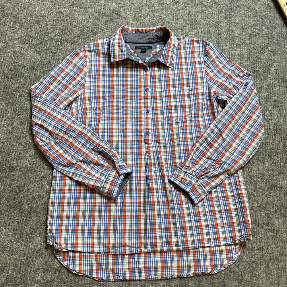 Tommy Hilfiger Shirt Women Medium Plaid Tunic 100% Cotton Preppy Roll Sleeve